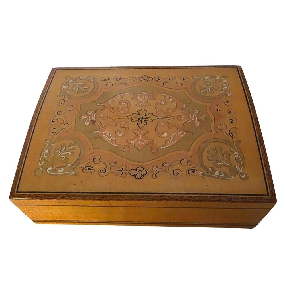 VTG Italian Sorrento Ware Inlaid Wood Trinket Jewelry Box – Foliate Scroll Italy